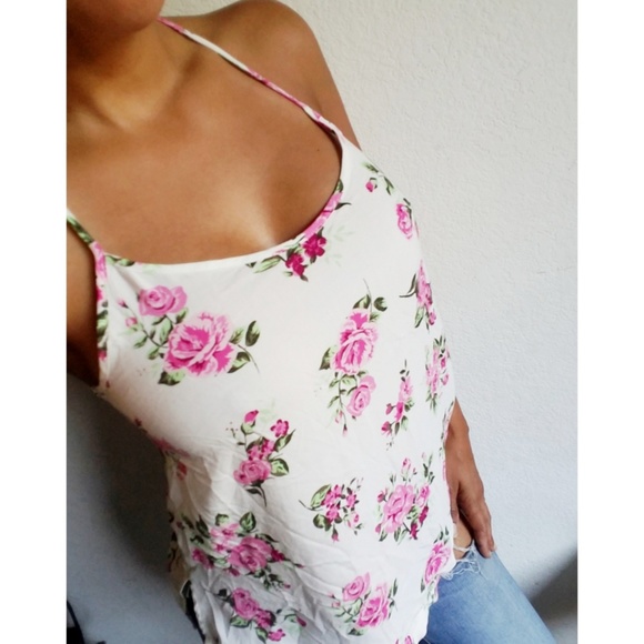 No Boundaries Tops - White & Pink Floral Tank Top